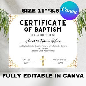 Plantilla de certificado de bautismo editable, certificado de bautismo, plantilla de Canva, recuerdo familiar, certificado de bautismo infantil personalizado en Canva