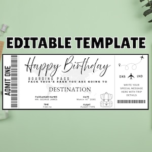 Billet anniversaire carte d'embarquement imprimable, billet carte d'embarquement surprise, modèle, billet cadeau modifiable, billet de voyage, téléchargement numérique