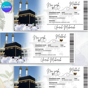 May include: Three Umrah Mubarak tickets with a New York to Makkah theme. Each ticket shows a stylized world map route, passenger details, destination, date, and time. The background includes a photo of the Kaaba.