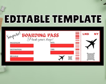 Editable Boarding Pass Template, Printable Personalized Airline Ticket, Canva Boarding Pass, Digital Download DIY Boarding Ticket