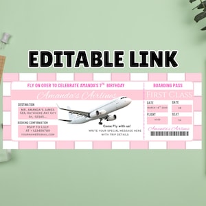 Flugzeug Geburtstag Ticket Einladung, Flugzeug Ticket einladen, Mädchen rosa 1. Bordkarte, digital bearbeitbare druckbare, sofortiger Download,