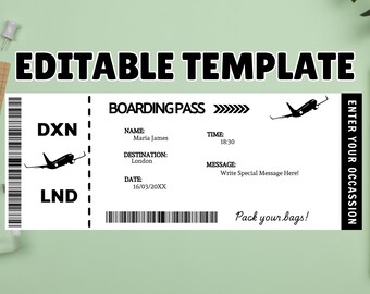 Billet de voyage surprise joyeux anniversaire, carte d'embarquement d'anniversaire modifiable, modèle imprimable de billet de voyage d'anniversaire, billet cadeau d'avion