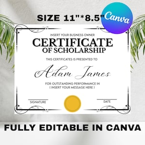Certificado de Beca, DESCARGA INSTANTÁNEA, Plantilla de Certificado de Beca Editable e Imprimible en Canva con Diseño Minimalista