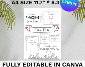 Teacher Appreciation Week Gift, All About My Teacher Printable Thank You Card & Questionnaire, Coloring Page, End of Year Goodbye Gift
