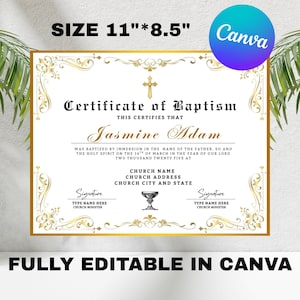 Plantilla de certificado de bautismo editable, certificado de bautismo, plantilla de Canva, recuerdo familiar, certificado de bautismo infantil personalizado en Canva