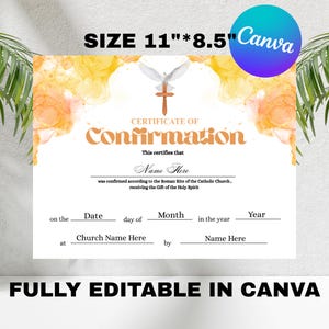 Plantilla de certificado de confirmación editable (28 x 21,5 cm), certificado de confirmación católica para niños y niñas, certificado religioso imprimible