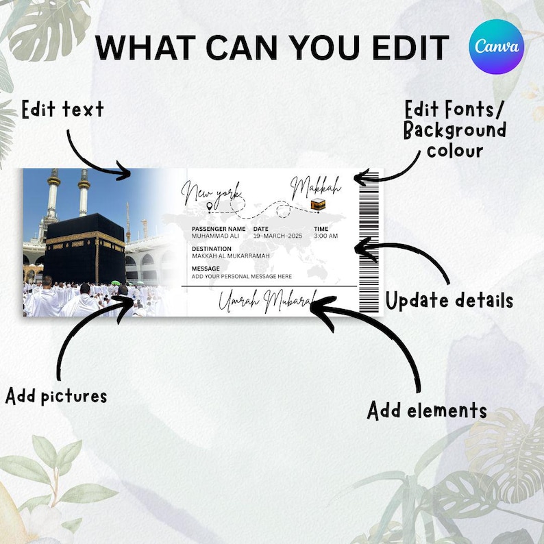 May include: A customisable ticket design with the text "What Can You Edit" and Canva's logo. The ticket features a photo of the Kaaba in Mecca, with text fields for passenger name, date, destination, and a message. The words "New York" and "Makkah" are also visible.