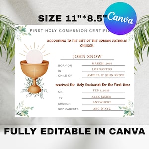 First Communion Certificate Template, Editable First Holy Communion Certificate, Printable Religious Certificate Canva Template