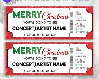 Concert Ticket Template, Christmas Gift Voucher, Editable Printable Ticket, Instant Download, Surprise Concert Gift, Christmas Voucher