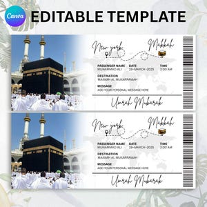 Pode incluir: Dois modelos de bilhetes editáveis para uma peregrinação a Umrah. Os bilhetes apresentam uma rota de Nova Iorque para Meca, com a data de 19 de março de 2025 e a hora das 3:00. Os bilhetes incluem o texto "Umrah Mubarak".