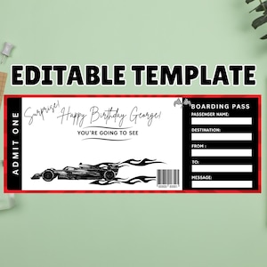 Printable Race Car Ticket Birthday Gift Template, Surprise Gift Certificate | EDITABLE TEMPLATE  Red Racer