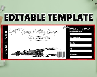 Op de afbeelding: Een zwart en rood bewerkbaar sjabloonticket met de tekst "EDITABLE TEMPLATE" bovenaan. Het ticket zegt "Verrassing! Gelukkige verjaardag George! Je gaat zien" en heeft een raceauto-afbeelding.