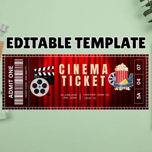 Ingresso para noite de cinema, Ingresso para cinema, Convite para cinema, Noite de cinema surpresa, Modelo de ingresso, Ingresso editável, Ingresso para presente, Filme para encontro romântico