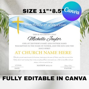 Plantilla de certificado de bautismo editable, certificado de bautismo minimalista imprimible, certificado moderno con fondo de agua, descarga instantánea