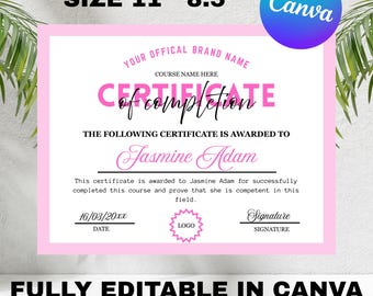 Plantilla rosa de certificado de finalización, maquillador, técnico de uñas, peluquero, técnico de pestañas, certificado de belleza femenina DIY, folleto de finalización del curso