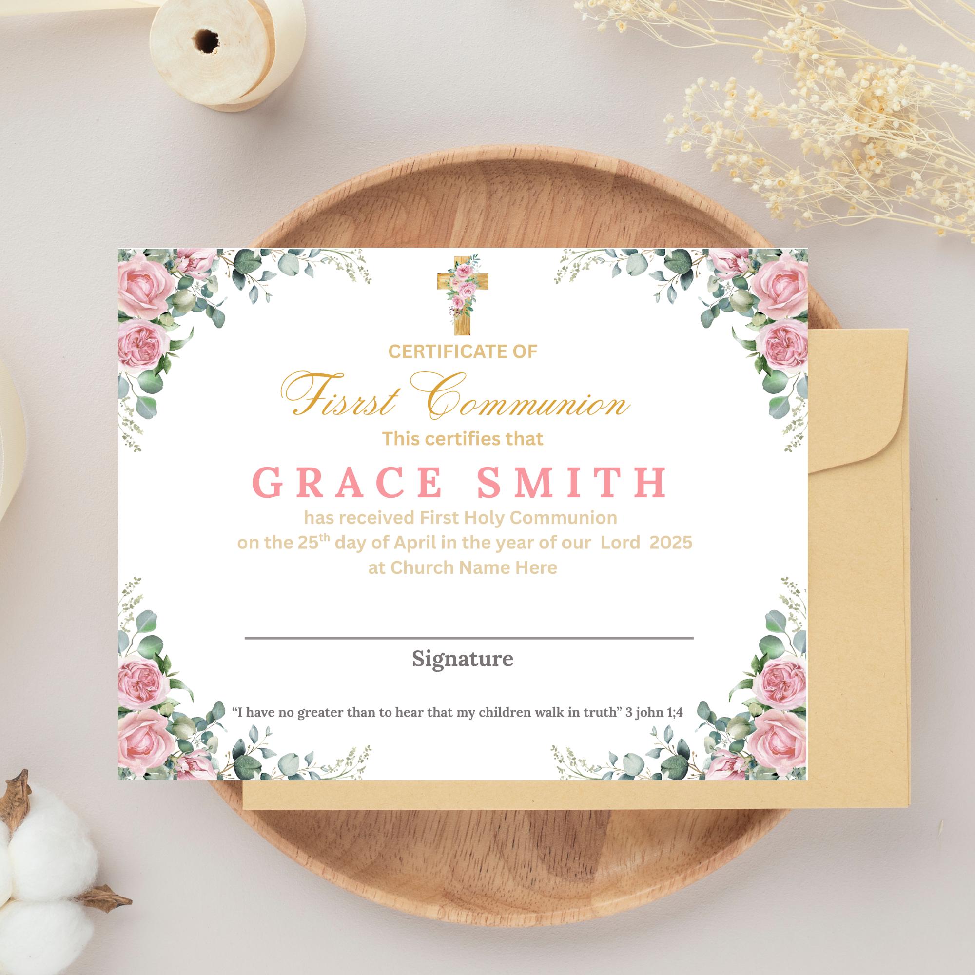 First Communion Certificate Template, Editable First Holy Communion ...
