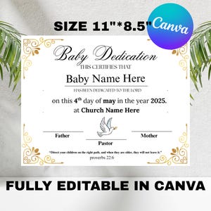 Certificado de Dedicación de Bebé, Certificado de Bautismo, Regalo de Dedicación de Bebé, Plantilla de Canva para Certificado de Dedicación de Niño, Plantilla Editable