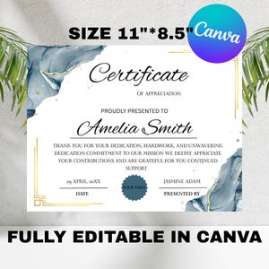 Editable Appreciation Certificate Template Printable Certificate of Appreciation, Recognition Certificate Customize Appreciation Certificate