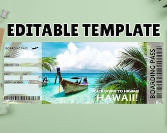 Boleto de viaje sorpresa a Hawái, viaje sorpresa a Hawái, boleto de viaje sorpresa editable, boleto de viaje a Hawái, boleto de vacaciones a Hawái, boleto a Hawái