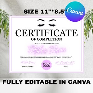 Editable Lash Certificate Of Completion Template, Printable Lash Extension Certificate, Lash Course Certificate Canva Template