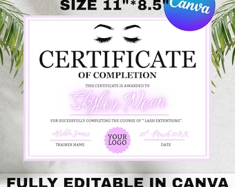 Editable Lash Certificate Of Completion Template, Printable Lash Extension Certificate, Lash Course Certificate Canva Template