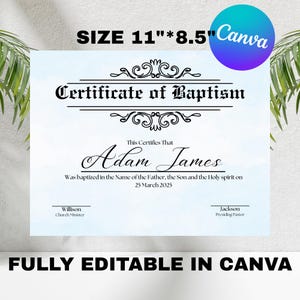 Plantilla de certificado de bautismo editable, certificado de bautismo minimalista imprimible, certificado con fondo de agua, descarga instantánea