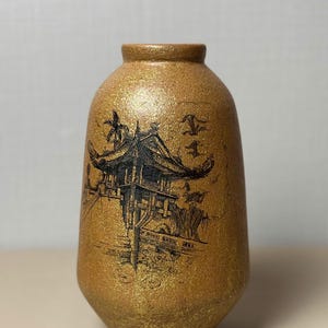 Hand Painted Ceramic Vase – One Pillar Pagoda Vietnam, Gold Textured Pottery, Asian Decor, Cultural Art Vase