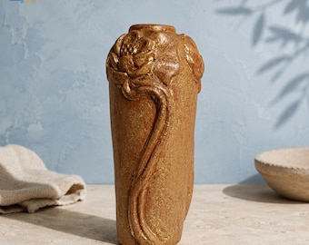 Handcrafted Lotus Relief Ceramic Vase – Gold Textured Terracotta, Sculptural Zen Decor, Elegant Home Accent