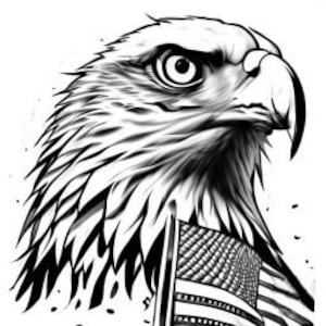 Puede incluir: Ilustración en blanco y negro de un águila calva con una mirada penetrante, la cabeza girada hacia la derecha. El águila sostiene una bandera estadounidense estilizada en sus garras.