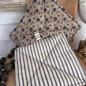 May include: Two quilted pot holders. One features a beige floral pattern with navy blue flowers, the other has navy blue and white stripes. Both have a loop for hanging and are made of fabric.