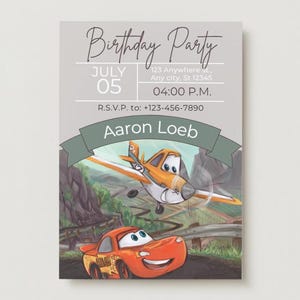May include: Birthday party invitation with a cartoon image of a red race car and a yellow airplane. The invitation includes the text "Birthday Party", "July 05", "123 Anywhere st, Any city, St 12345", "04:00 P.M.", "R.S.V.P. to: +123-456-7890", and "Aaron Loeb".