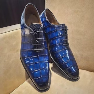 Bespoke Shoes Making Handmade  Men&#39;s Blue Print Crocodile Oxford Lace Up Formal Dress Shoes