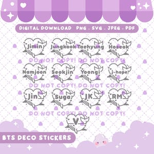Op de afbeelding: Digitale download van BTS deco stickers. De stickers tonen de namen van de bandleden in hartvormige ontwerpen. De tekst "DO NOT COPY!" wordt herhaald. De bovenkant van de afbeelding heeft een paarse geschulpte rand.