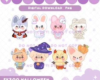 Pode incluir: Um gráfico PNG de download digital com oito personagens de desenhos animados vestidos com fantasias de Halloween. Os personagens incluem um morcego, um fantasma, um esqueleto, uma múmia, Frankenstein, uma bruxa, um diabo e uma raposa segurando uma abóbora. O texto "SKZOO HALLOWEEN" está na parte inferior.