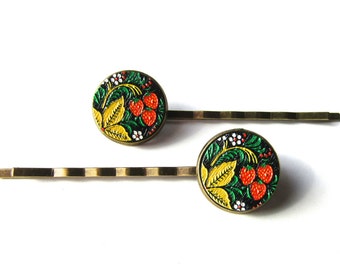 Strawberry Bobby Pins, Textured Botanical Berry Hair Clips