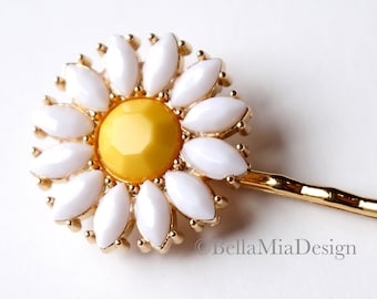 White and Yellow Daisy Flower Bobby Pin, Dimensional Rhinestones Mosaic