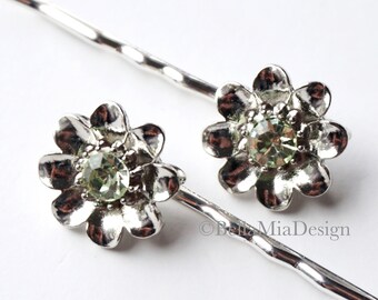 Silver and Rhinestone Flower Bobby Pins Set of 2