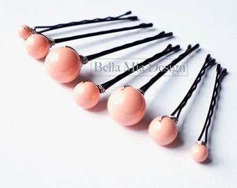 Pink Coral Hair Pin Pearls, Mixed Sizes Modern Wedding Hairpins, Set of 7 Large and Small Swarovski Bobby Pins