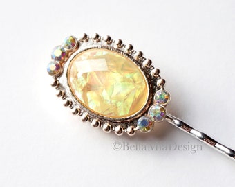 Yellow Iridescent Faux Opal Hair Pin with AB Rhinestones, Oval Bobby Pin Hair Jewelry