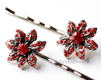 Red Flower Rhinestone Hair Pins, Christmas poinsettia set of 2 bobby pins