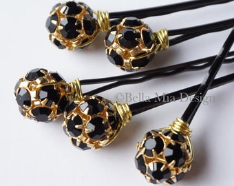 Black and Gold Rhinestone Hair Pins Set, Wedding Crystal Bobby Pins