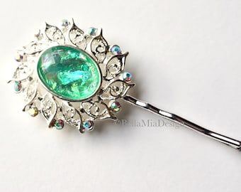 Light Green Seafoam Foil with AB Rhinestones and Silver Tone Setting, Faux Green Opal