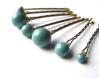 Jade Hair Pin Pearls, Mixed Sizes Modern Wedding Hairpins, Jade Green Set of 7 Swarovski