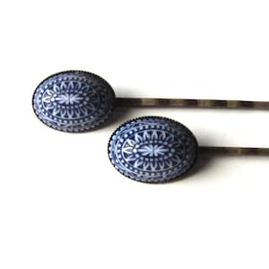 Navy Blue and White Bobby Pins, Geometric Nordic Style Oval
