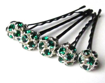 Green Rhinestone Hair Pins Set, Emerald Green and Silver Czech Crystal Bobby Pins, Wedding Hair Jewelry