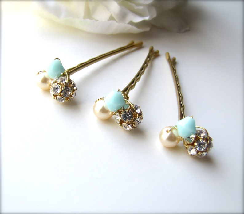 Mint and Gold Hair Pins, Mint Green Wedding, Glitz and Shimmer image 2