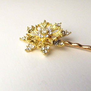 Gold Snowflake Wedding Hair Pin, Rhinestones Crystal Christmas Bobby Pin image 3