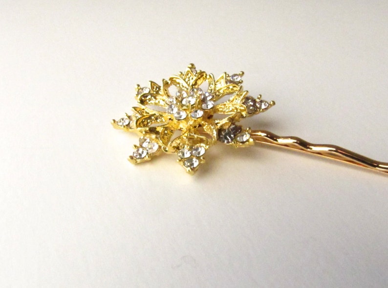 Gold Snowflake Wedding Hair Pin, Rhinestones Crystal Christmas Bobby Pin image 3