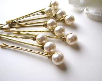 Bridal Hair Pins, Cream Ivory Pearls Set of 10, Swarovski 10mm