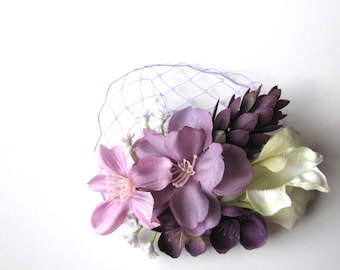 Purple Wedding Hair Flower Clip Fascinator or Brooch Pin, Optional Netting